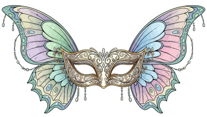 A white gold and ornate masquerade mask with pastel butterfly wings