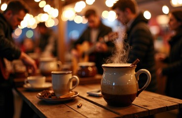 A steaming cup of coffee on a rustic wooden table in a cozy cafe setting with people playing guitars in the background