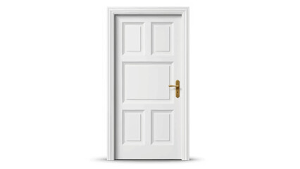 A white paneled door with a brass handle against a white background