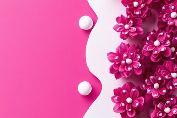 Flat lay pink background white polka dots scattered fuchsia border