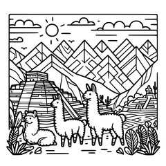 Fototapeta premium Three Llamas Standing and Sitting in Ancient Peruvian Mountain Landscape with Pyramids, Line Art Coloring Book Style