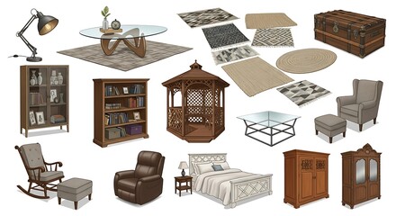 Assorted Furniture Collection Featuring Bedroom, Living, and Outdoor Decor Elements