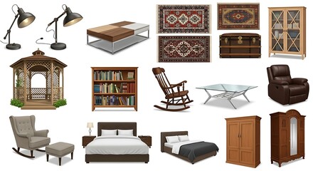 Assortment of furniture pieces for home décor and interior design concepts.