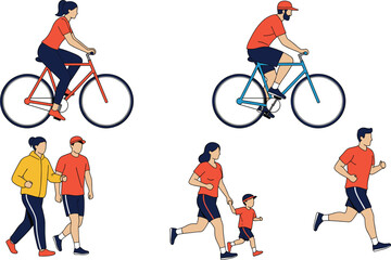 Obraz premium Vector Illustration Set of People Exercising Outdoors: Flat Design Characters Cycling, Walking, Jogging, and Running for Health, Fitness, and Active Lifestyle Concepts