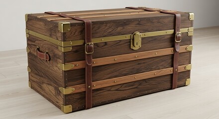 Vintage Brown Steamer Trunk With Leather Straps on Wooden Floor