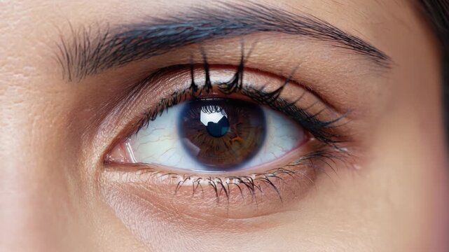 A woman with dark hair and lashes. Her eye is closed. Her eyelashes are curled. Her eyebrows are arched