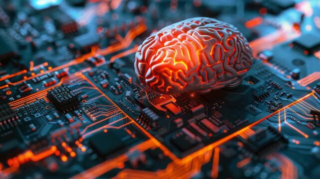 A brain is on a computer chip. The brain is orange and white. The chip is on a black background