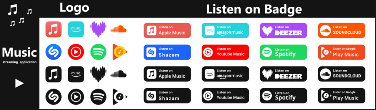 Popular Music streaming services logo and  listen on badges set. Apple Music, Spotify, Youtube Music, Amazon music, deezer and Soundcloud. Simple, vector. icon for website design, and mobile app.