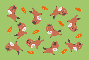 走る馬のキャラクターと人参のイラスト緑