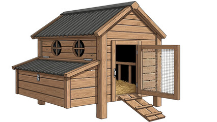 A wooden chicken coop with a ramp and an open door reveals hay inside