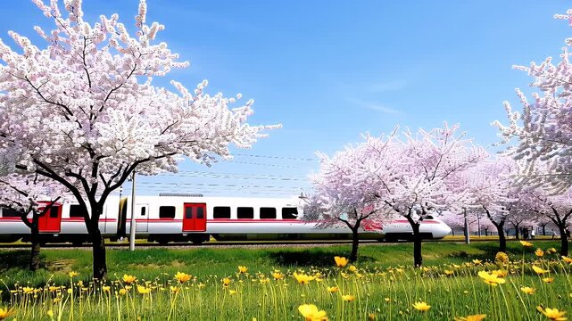 Row of Blooming Cherry Blossom Trees Lining a Sunny Green Park Field