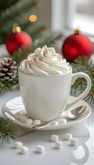 Warm Hot Chocolate with Whipped Cream and Mini Marshmallows, Christmas Background 