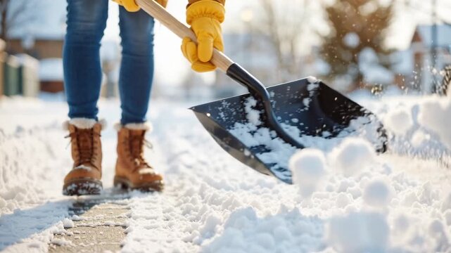 close-up of someone in warm clothes using a shovel to clear snow from a snowy sidewalk on a cold winter day