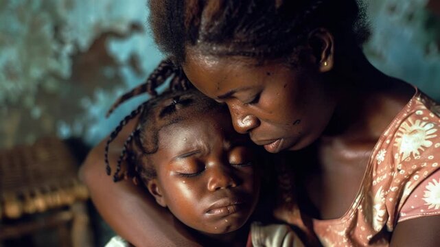 A woman is holding a child. The child is crying. The woman is trying to comfort the child