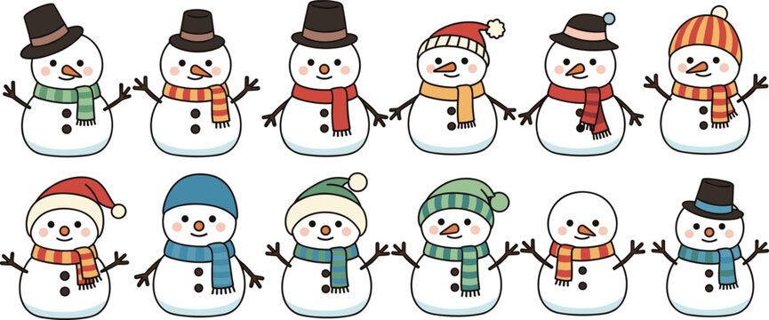 Cute Cartoon Snowman Vector Characters Set Wearing Colorful Scarves and Winter Hats: Perfect for Christmas, Holiday, and New Year Celebration Designs.
