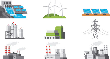 Flat Vector Icon Set of Energy Production and Power Generation Facilities: Featuring Hydropower Dam, Solar Panels, Wind Turbines, Oil Refinery, Nuclear Plant, and Industrial Factories.