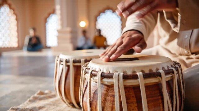 close-up of a musician playing tabla drums in a serene, sunlit temple, highlighting indian classical music and cultural heritage