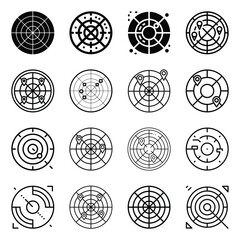 Radar scan and target locator icons set for modern technology