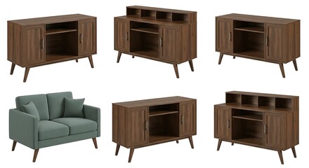 Modern Furniture Collection: Brown Cabinets and Green Loveseat on White Background