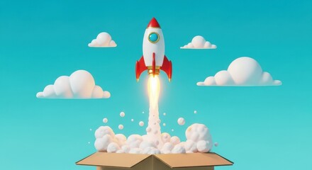 Cartoon rocket launching from cardboard box into bright blue sky