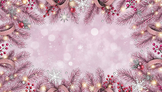 marco navide&ntilde;o compuesto por elegantes ramas de &aacute;rbol rosadas con sutiles tonos plateados, decorado con bayas rojas y rosadas, peque&ntilde;as estrellas brillantes, cintas decorativas de sat&eacute;n.