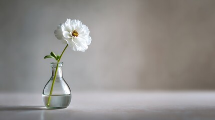 Minimalist composition of single white flower in small clear glass vase on neutral background
