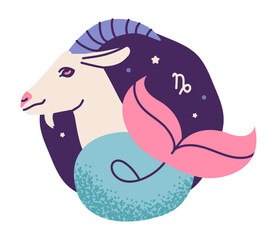 Flat vector illustration of the Capricorn zodiac symbol featuring a stylized sea goat with curled tail and cosmic night background.