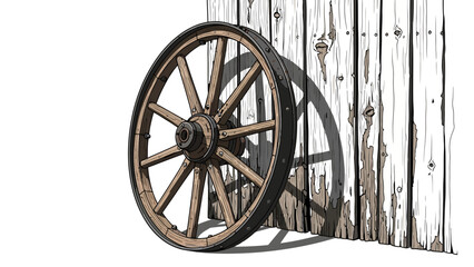 A wooden wagon wheel leans against a weathered wooden fence