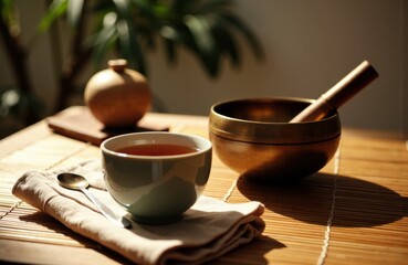 A steaming cup of tea and a wooden singing bowl placed on a bamboo mat with a blurred plant background