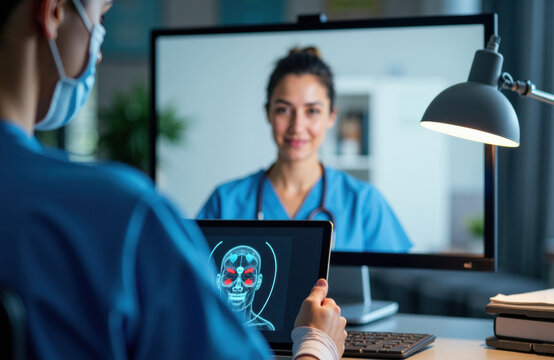 Doctor consulting with patient via telemedicine using digital device in a clinical setting