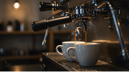 tight shot of espresso flowing into two minimalist ceramic cups from a sleek professional machine, background blurred with industrial café interior (concrete walls, hanging bulbs)