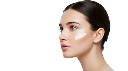 side profile portrait of a beautiful woman with blue eyes and perfect smooth skin, looking slightly toward camera, white background, clean minimalist studio lighting