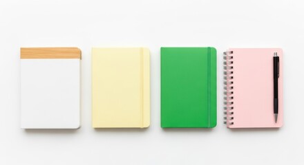 Four colorful notebooks and a pen arranged neatly on a white background