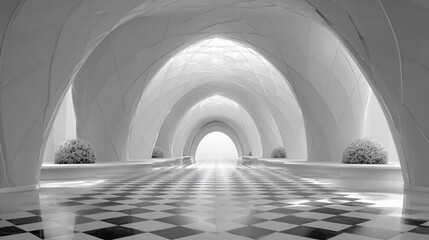 Elegant Architectural Interior with Arches and Geometric Floor Design in Monochrome