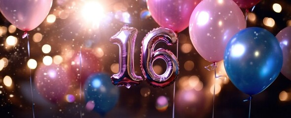 Number 16 balloon hanging from string colorful balloons 16thsweet sixteen birthday
