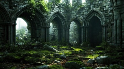 Obraz premium Old abandoned stone archway forest is made has green ruins