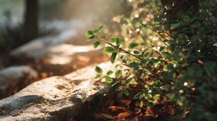 Obraz premium Sunlit foliage and weathered stone: A tranquil garden scene with soft light