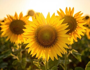 Close Up of Vibrant Yellow Sunflowers in a Field at Sunset Golden Hour Light
