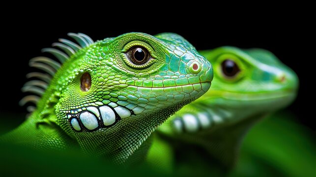 Close-up of two vibrant green iguanas