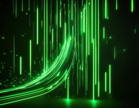 3d render abstract wallpaper green neon lines over black background streaming energy particles falling down and leaving glowing tracks - Powered by Adobe