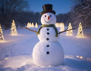 Obraz premium A cheerful snowman standing in the middle of a snowy field, with twinkling Christmas lights wrapped around nearby trees, creating a warm and festive atmosphere against the snow