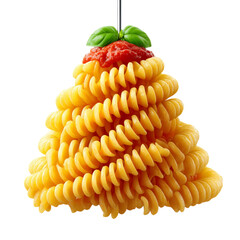 A vibrant stack of pasta topped with red sauce and a basil leaf.