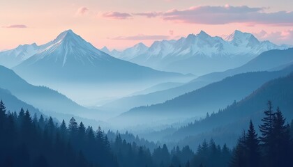 Tranquil scene displays snowy mountains and forested hills at sunset. Layers of blue hills are visible through the mist. Pink clouds float above mountain peaks in morning dawn.