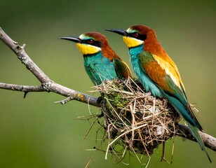 Obraz premium European Bee-eaters at Nest - A Colorful Bird Family Portrait.