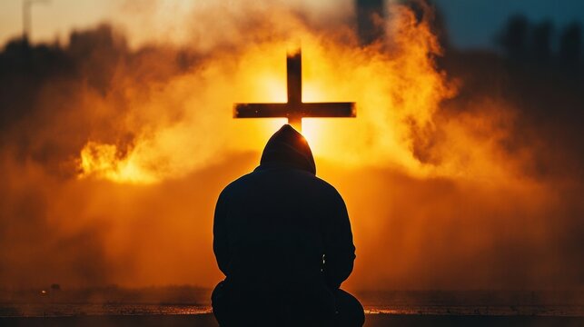 Person kneeling front large cross sun setting behind Christian man praying - Powered by Adobe