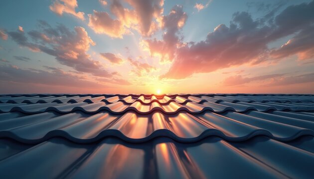 Tiled roof with setting sun reflecting from surface. Sky is visible with soft clouds. Sunlight bounces off tile roof during sunset. Horizon view of building rooftop. - Powered by Adobe