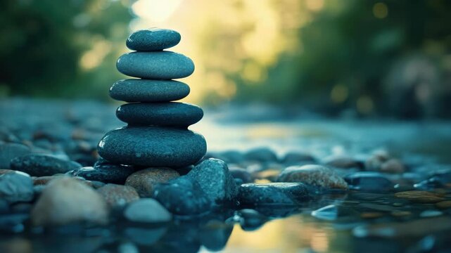 A stack of rocks is on the ground next to a body of water. The rocks are arranged in a pyramid shape