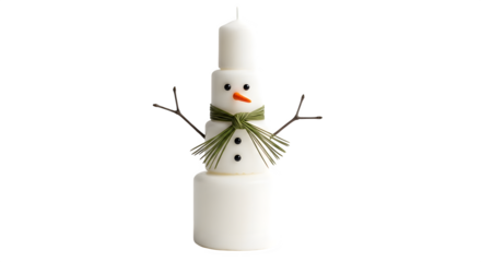White snowman candle with green ribbon and twig arms isolated on transparent background