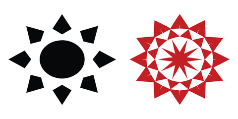 Abstract geometric sun shapes in black and red on white background