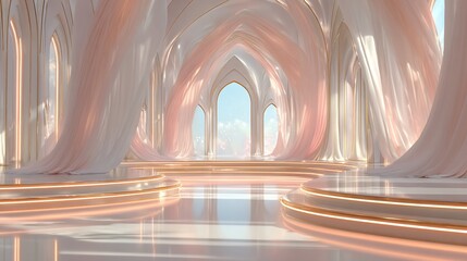 Elegant interior of a luxurious palace with arched doorways and flowing curtains